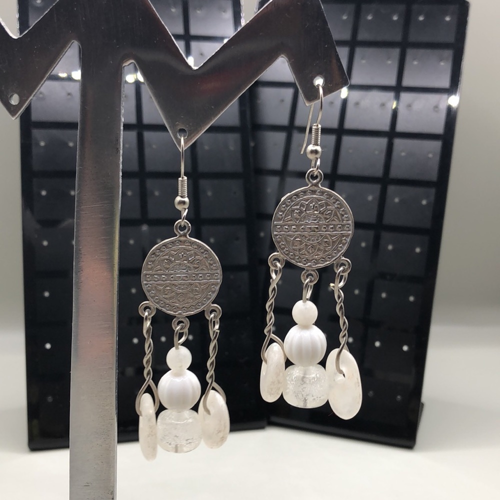Artisan handcrafted boho festival statement earrings coin glass bead dangle drop